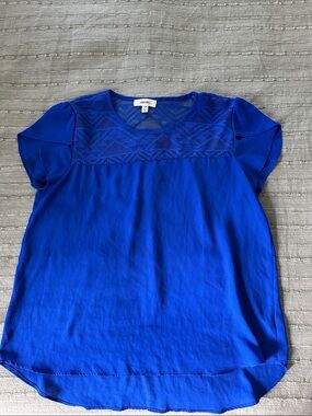 meraki Royal Blue Short Sleeve Lace Yoke Blouse